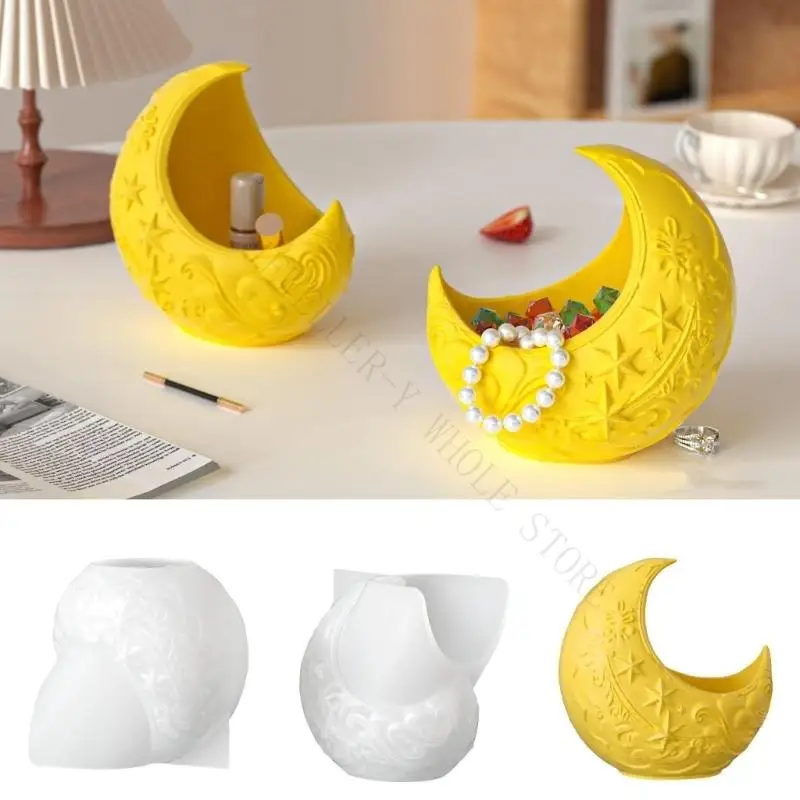 R7UF Silicone Mold Moon Jewelry Box Molds for Cement Plaster Relief with Intricate Floral Pattern and Smooth Surfaces