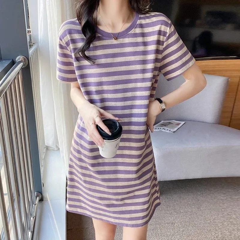 Purple Stripe T-shirt Dress Mid-length Style Straight Barrel Cover The Belly Dresses All-in-one Leisure Short Sleeve Female