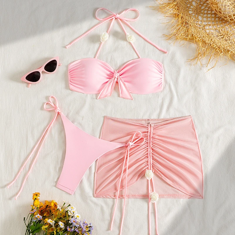 3 Pcs Swimsuit with Skirt Bikini Halter Swimsuit Brazilian Bikini Set Swimwear for Women Sexy Bathing Suits Summer Female