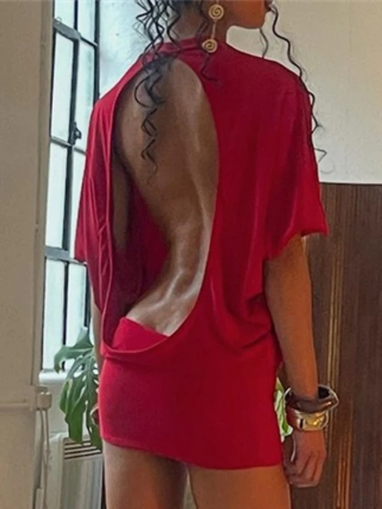 Bangniweigou Women Sexy Back Low Cut Short Sleeve Evening Red Dress Romantic Skinny Mini Sheath