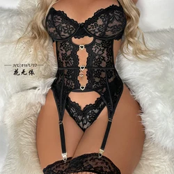 Lingerie sexy en dentelle sans entrejambe pour femme, pyjama bleu, soutien-gorge ouvert en V profond, ensemble de sous-vêtements porno, nuisette Teddy, costume de batterie creux, 7.0