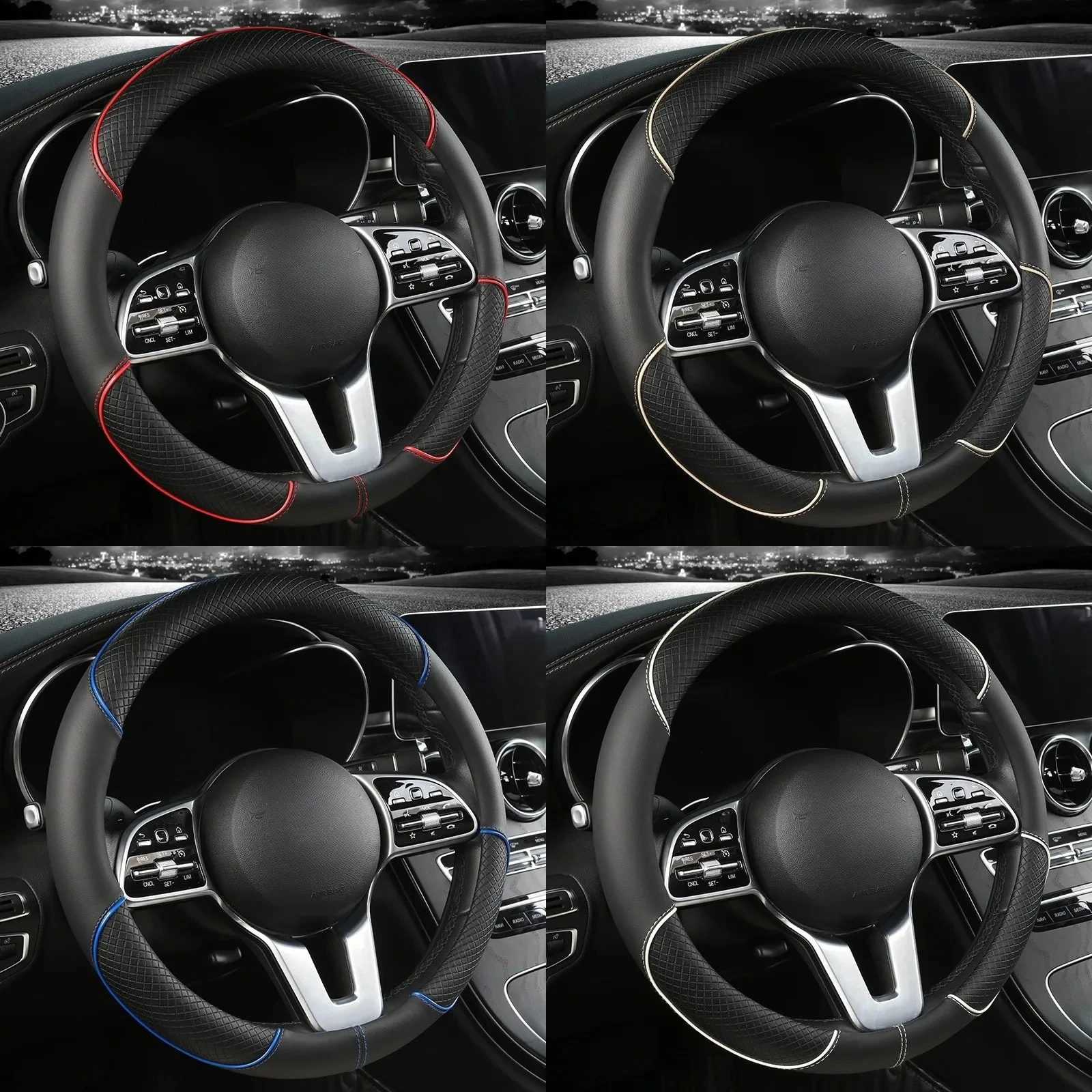 ZRGAE Full Leather Embossed Two‑Tone Car Steering Wheel Cover Anti‑Slip Sweat‑Proof Universal Auto Steering Protector