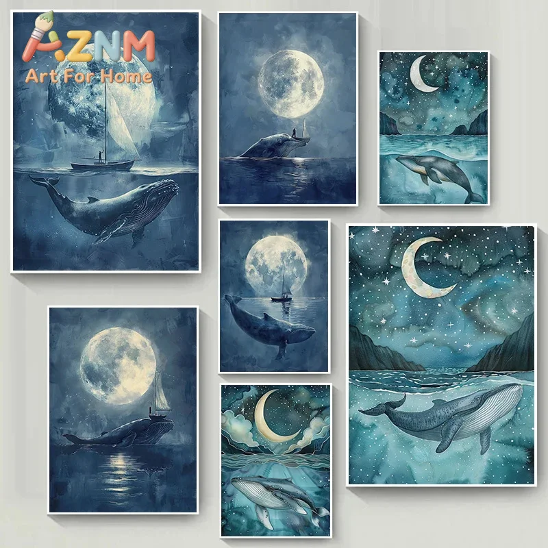 Nordic Moon Night Humpback Whale Shark Fish Sailboat Watercolor Art Poster Canvas Paintings Wall Art Pictures Home Decor