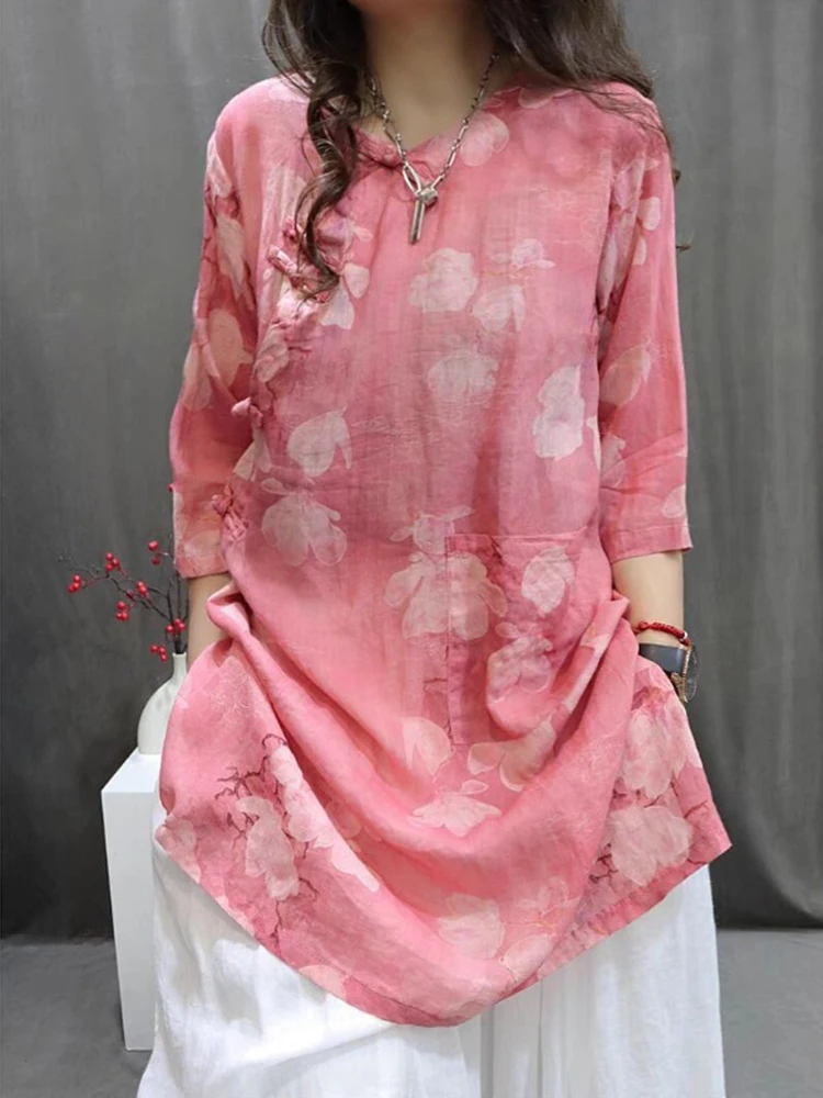 Retro Print Flax irt Women Summer Thin Loose Slimming New Chinese Sle Buttoned Midi Length Linen Top Commute Faion