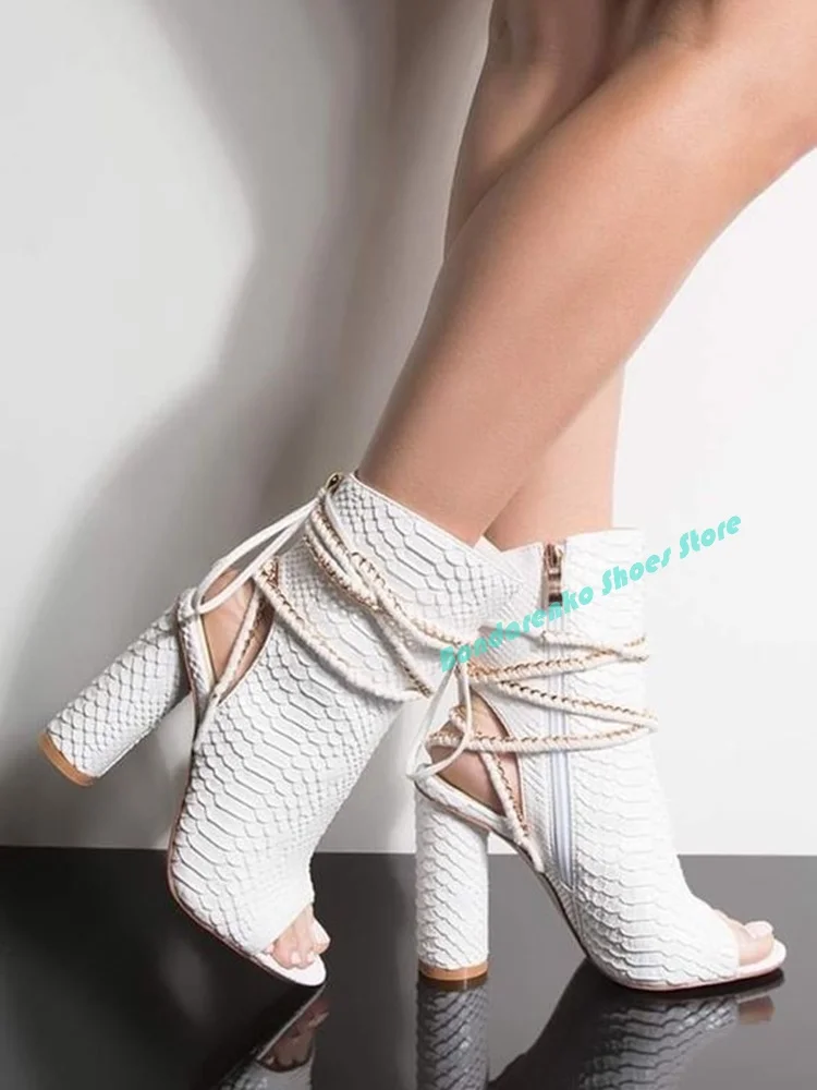 Python Leather Lace Up Peep Toe Booties Block Heel Open Heel Zipper Runway Fashion 2024 Winter Women Dress Shoes