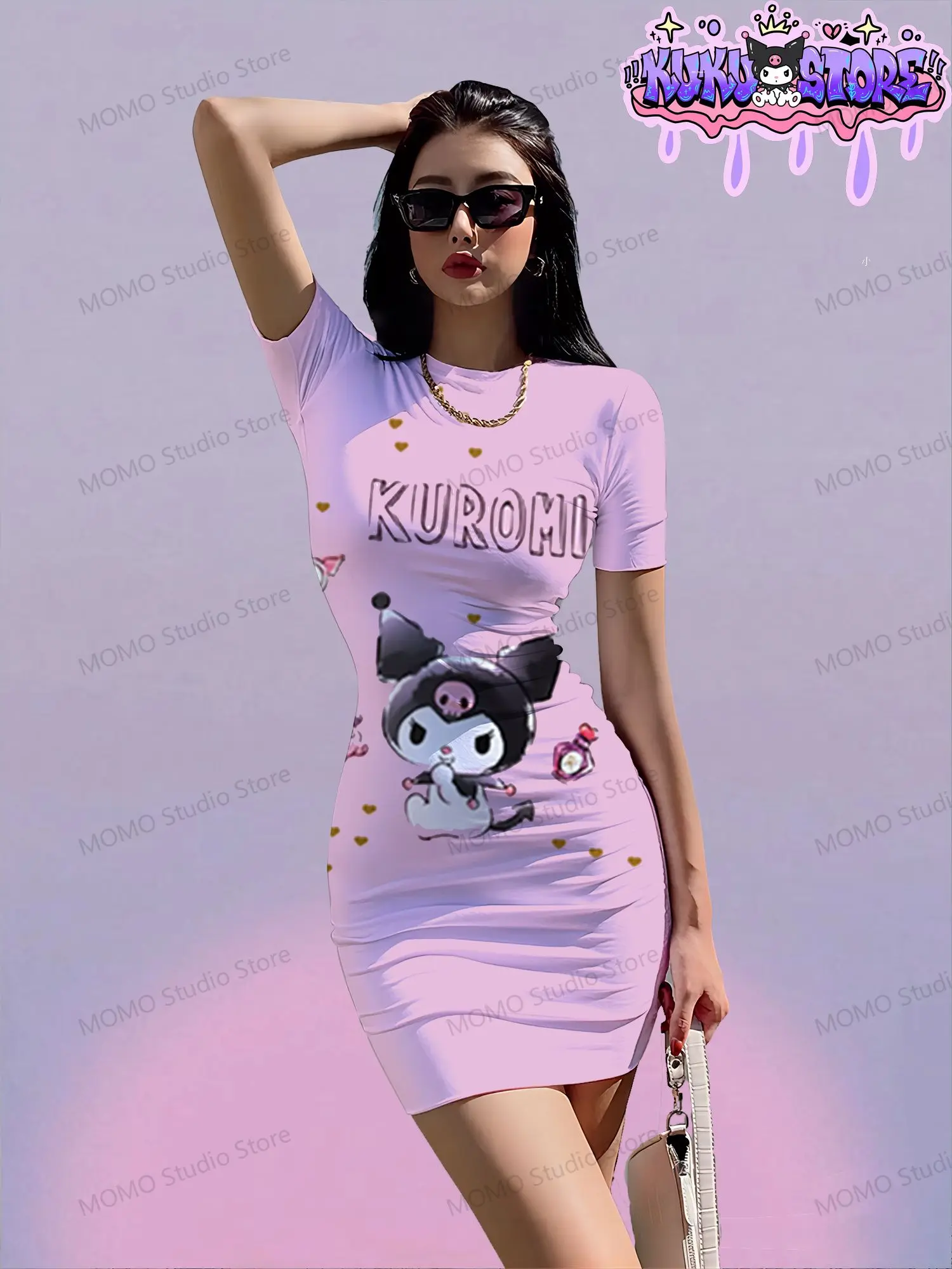 

Women's Short Sleeve Hip Dress Kawaii Kuromi Fashion Summer Dresses 2026 O Neck Sanrio S-3XL Y2k New Elegant Sexy Young Girls