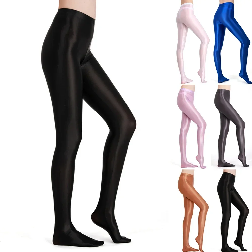 Frauen ölige glänzende seidige Leggings nahtlose Satin-Strumpfhose hohe Taille Strumpfhosen Glitzer-Körperstrümpfe Sportstrumpfhose Yoga lange Hose