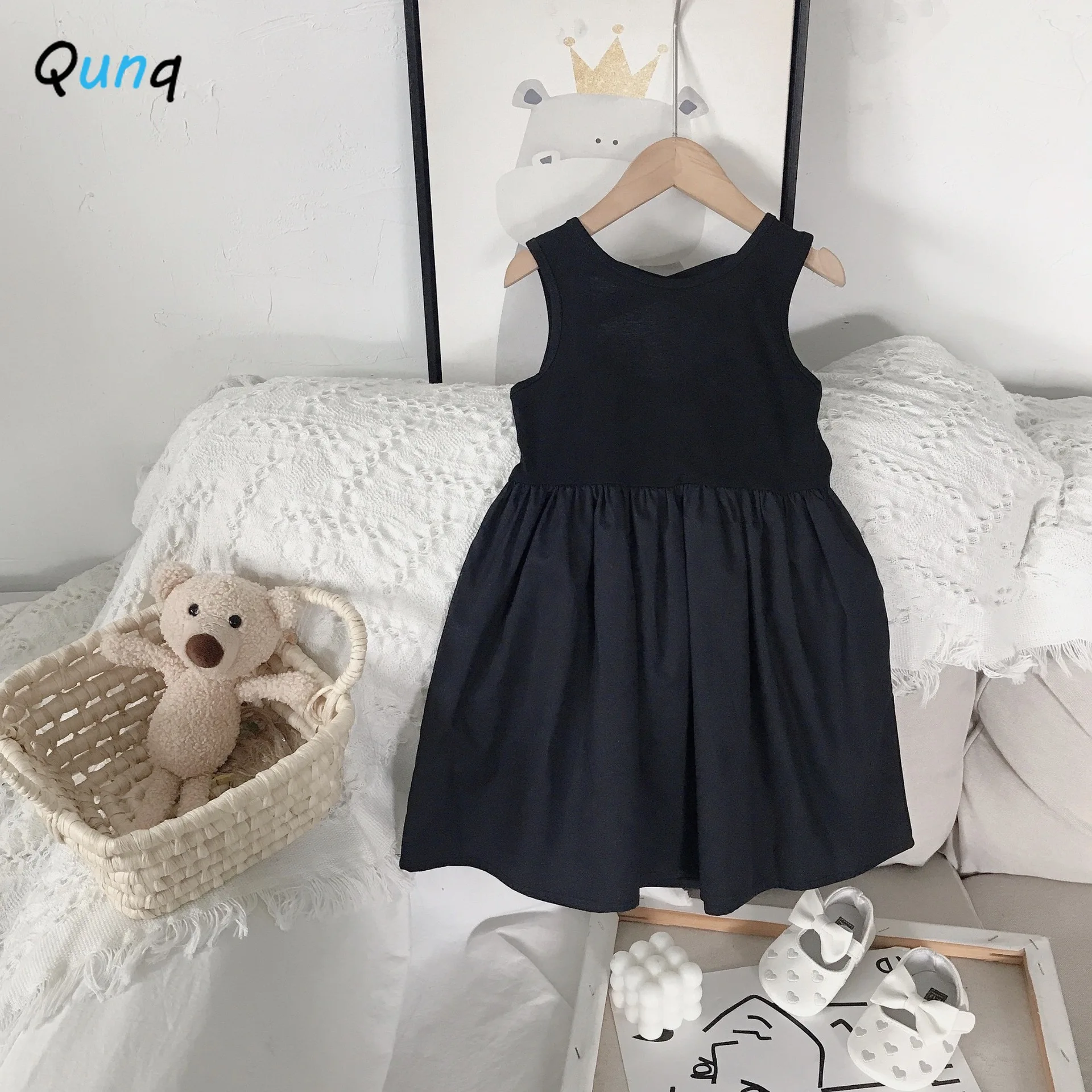 Qunq Summer New Solid Girls Cross Back Sleeveless Dress Europe and America Restore Ancient Children's Clothing Dresses Age 3T-8T