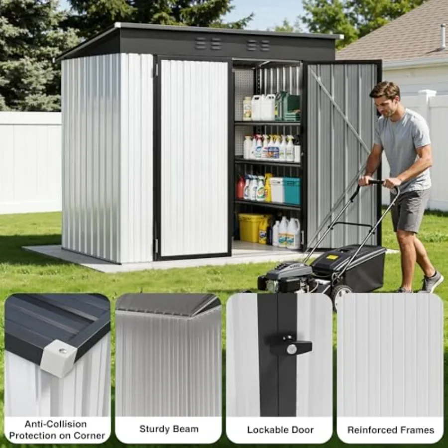 Outdoor storage shed for bikes, gardening tools, and lawn mowers; white metal, waterproof, all-weather shelter with door and lo