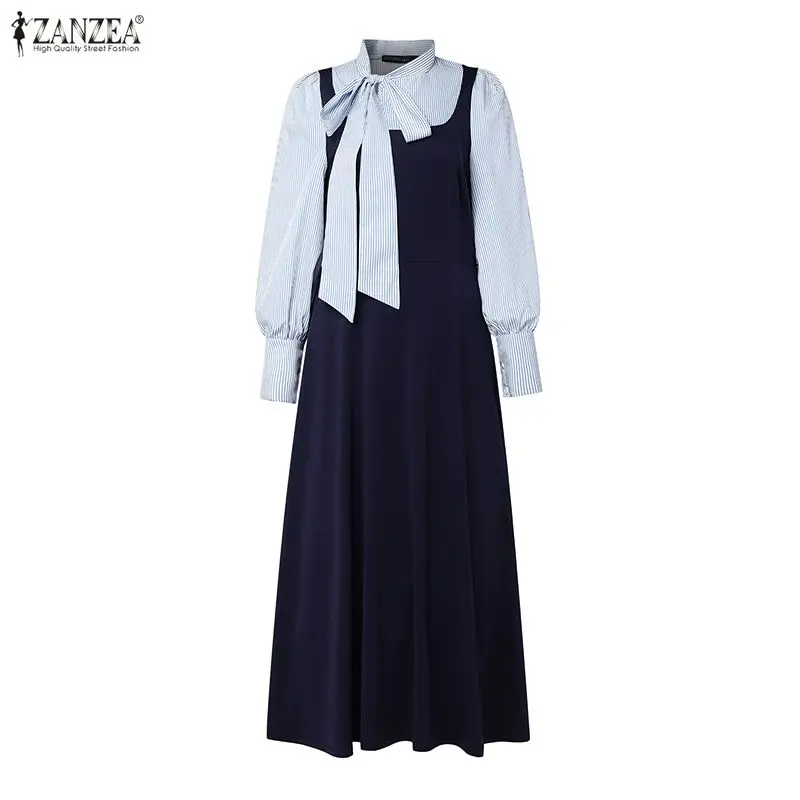 ZANZEA Abito elegante da donna Manica lunga a righe Midi Vestito estivo Colletto con fiocco Casual A-Line Camicia lunga Abiti Fashion Party Robe