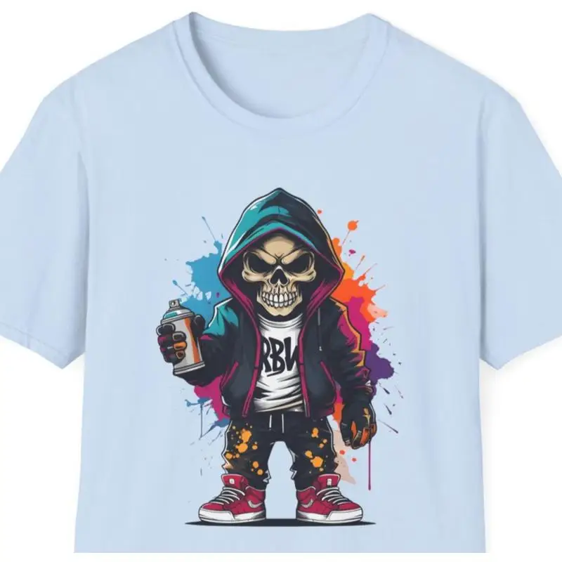 Hooded Skeleton w Spray Paint T shirt Urban Style Streetwear