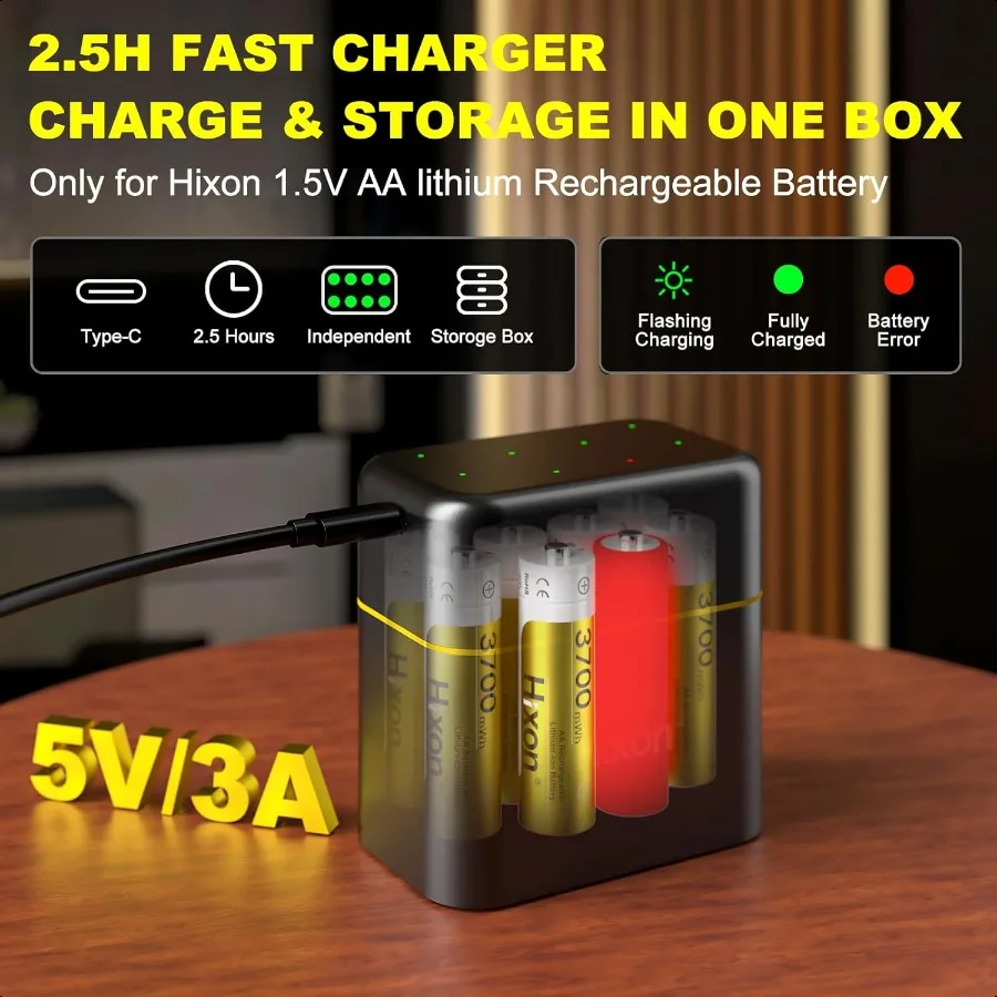Pilas de litio recargables AA, paquete de 8, con caja de almacenamiento de carga, 1,5 V, doble A, 3700mWh, doble duración, AA Liion