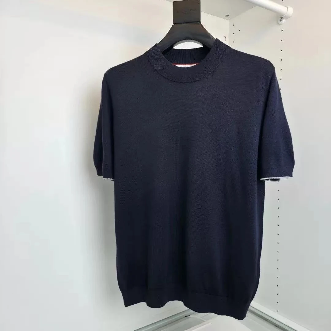 Italian BC embroidery old money wind men's wool mulberry silk knitted short-sleeved T-shirt