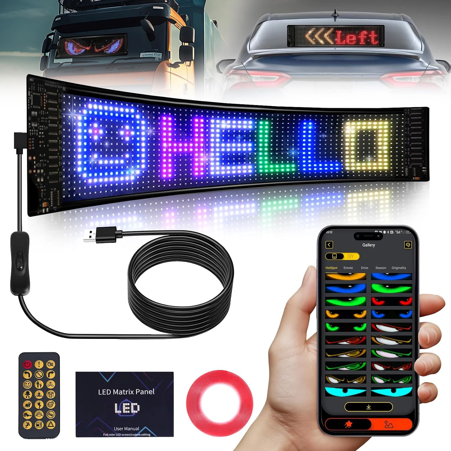 

Programmable Scrolling LED Sign USB Flexible Digital Sign APP Control Custom DIY Editor Text Patterns Animations for Car Hotel