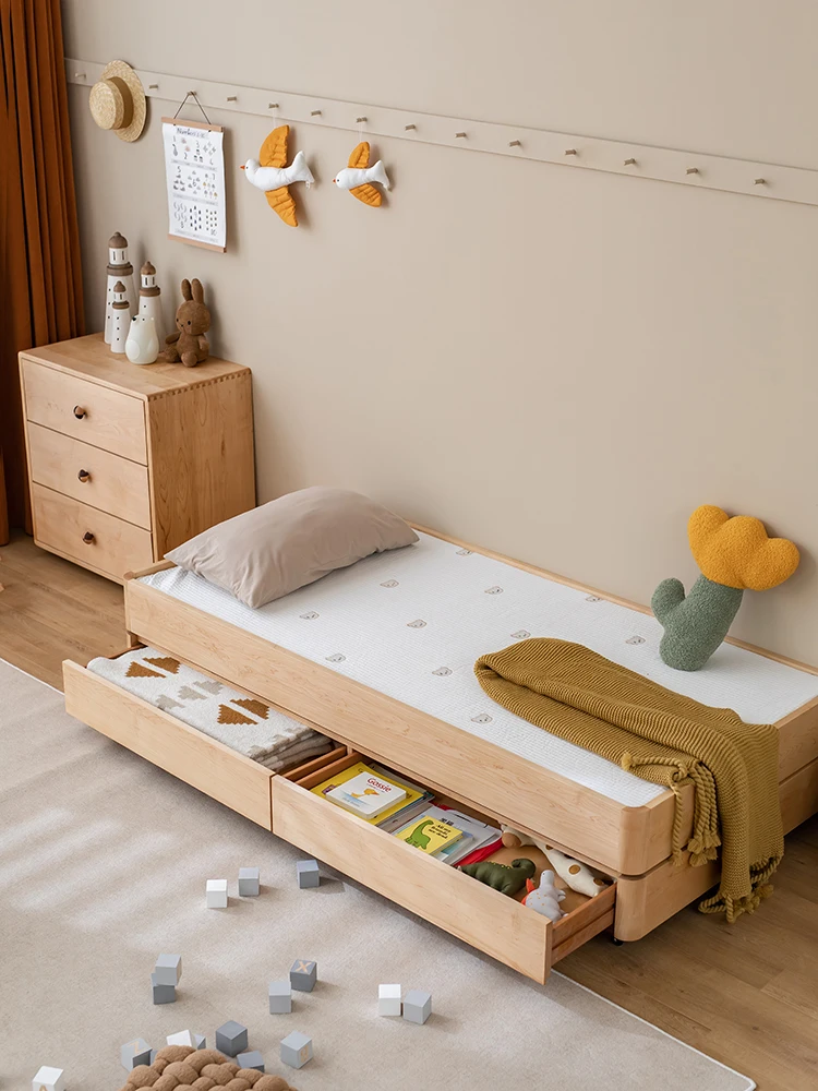 Cama sencilla de madera maciza para niños, cama de almacenamiento, cama madre