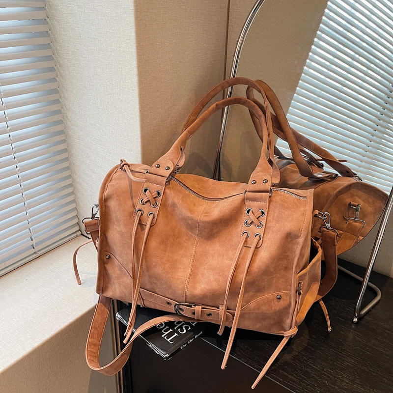 Large Capacity Travel Fashion Retro Pu Leather Tote Women Designer Motorcycle Shoulder Bag Wind Lady Commute Crossbody Handbags