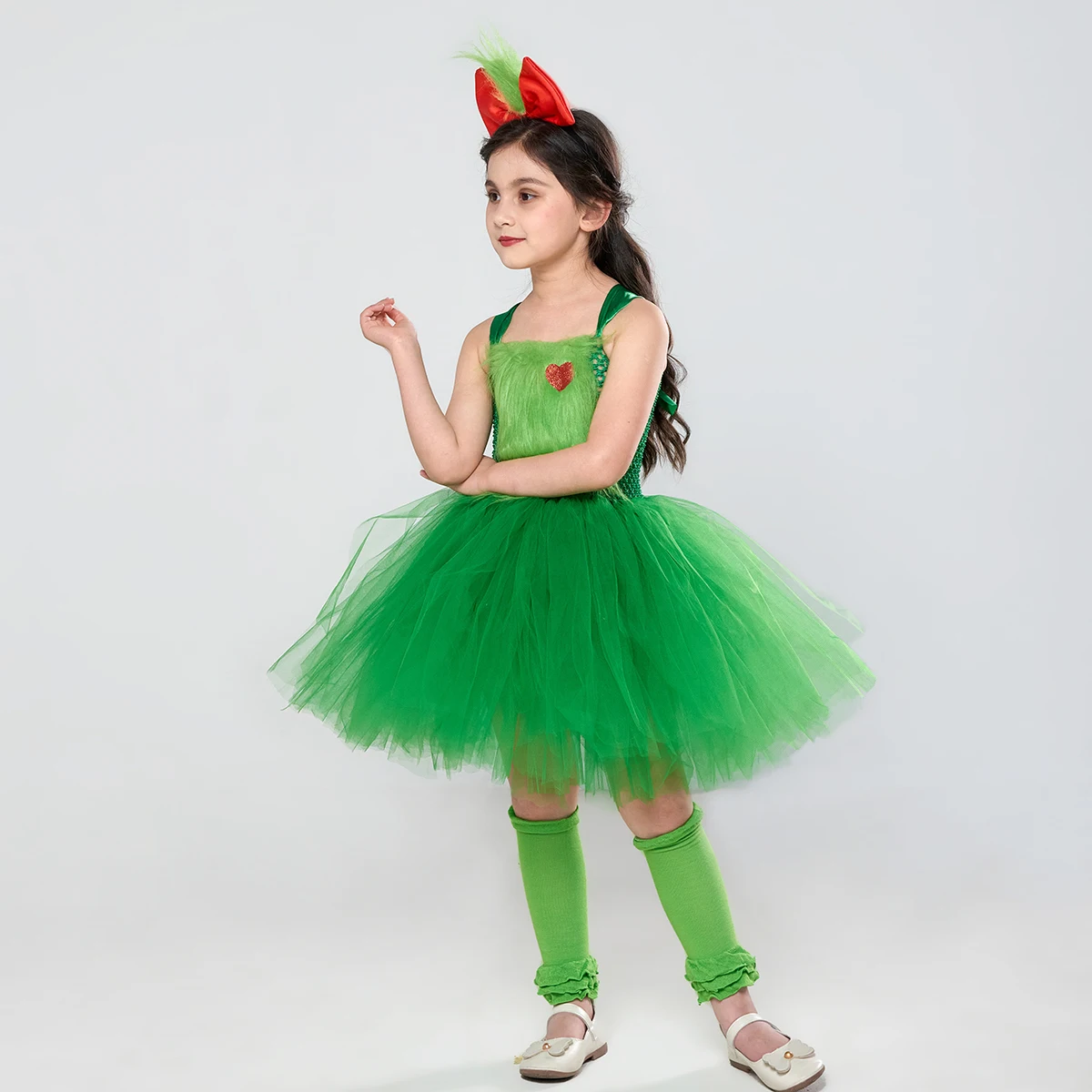 Green Furry Monster Grinch Girls Tutu Dress with Headband Kids Christmas Party Princess Dresses Xmas Carnival Cosplay Costume