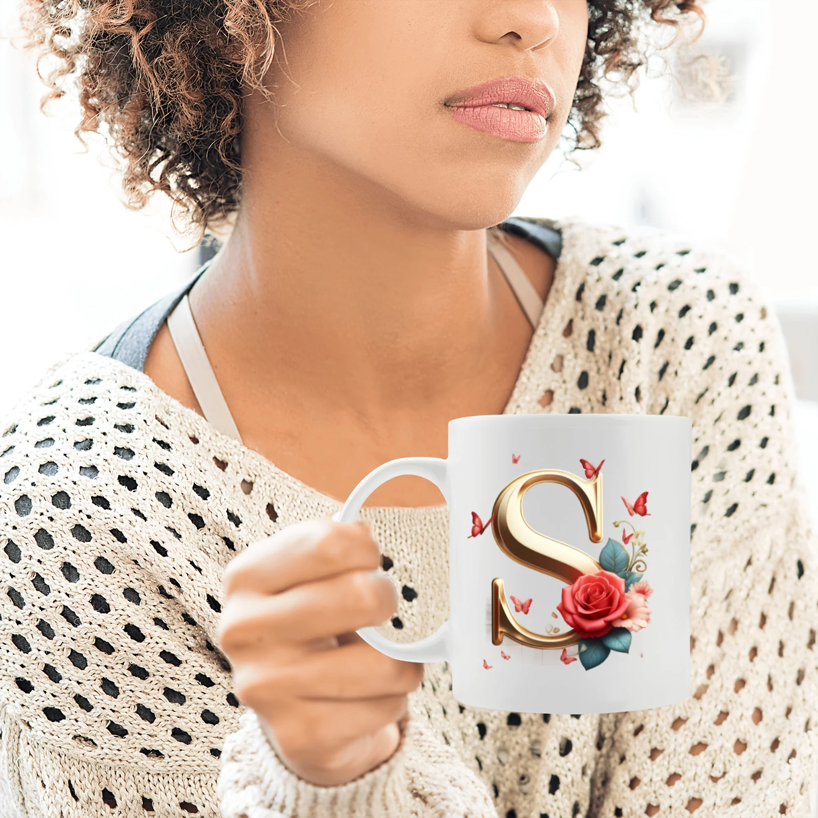 Letter Floral Pattern Ceramic Coffee Mug 11oz Microwave Safe Holiday Gift Friend Family