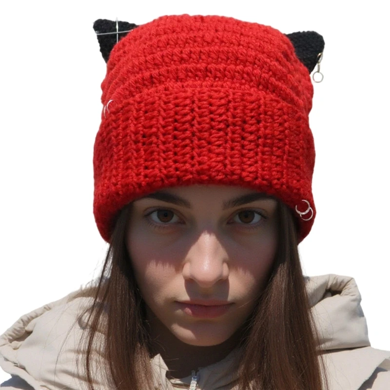 2025 New Daily Wear Skull Hat for Women Soft Acrylic Cats Ear for Commuting, Layered Looks, Travel Photos, and City Walks
