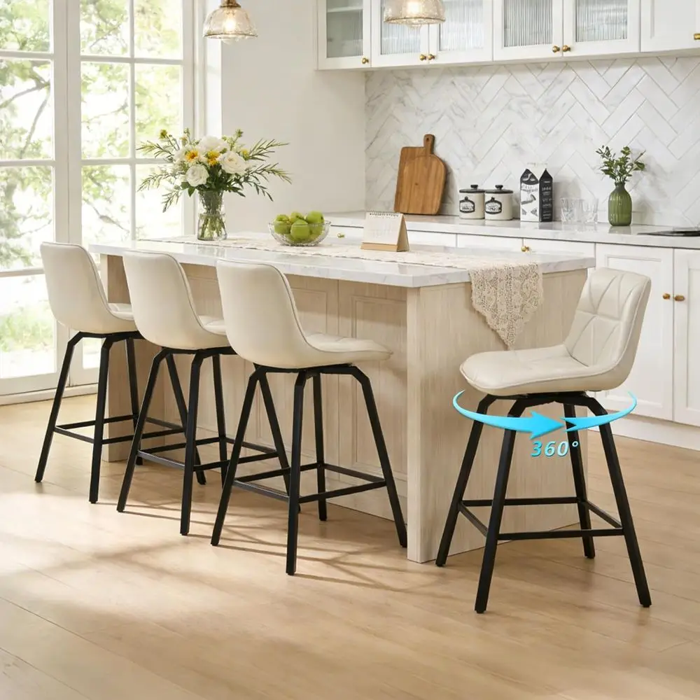 

Set of 4 Counter Height Swivel Bar Stools with Triangular Leather Seats and Metal Legs, Antique White
