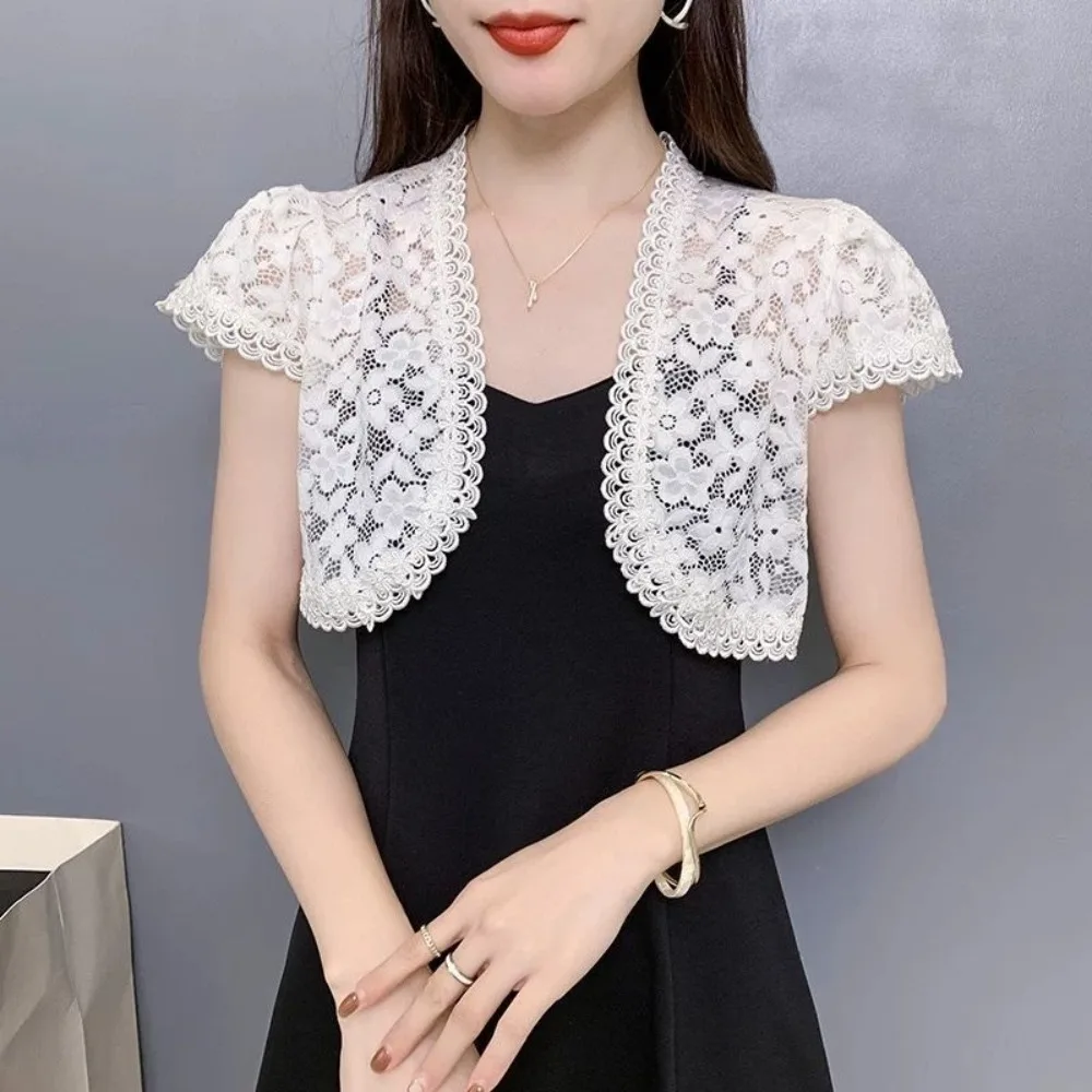 크로 셰 뜨개질 레이스 중공 카디건 짧은 재킷 여름 해변 커버 업 섹시한 우아한 여성 Office Lady All-match Slim Fit Summer