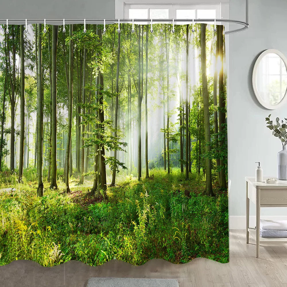 Forest Shower Curtains Sunshine Green Trees Plants Brown Window Nature Landscape Polyester Bathroom Curtain Set Decor with Hooks