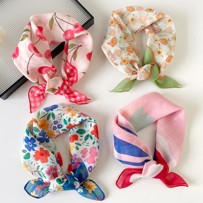 58x58cm Cute Bandana Head Scarf For Women Small Hijab Fashion Printed Handkerchief Cotton Hair Scarfs Headbands Neck Scarves
