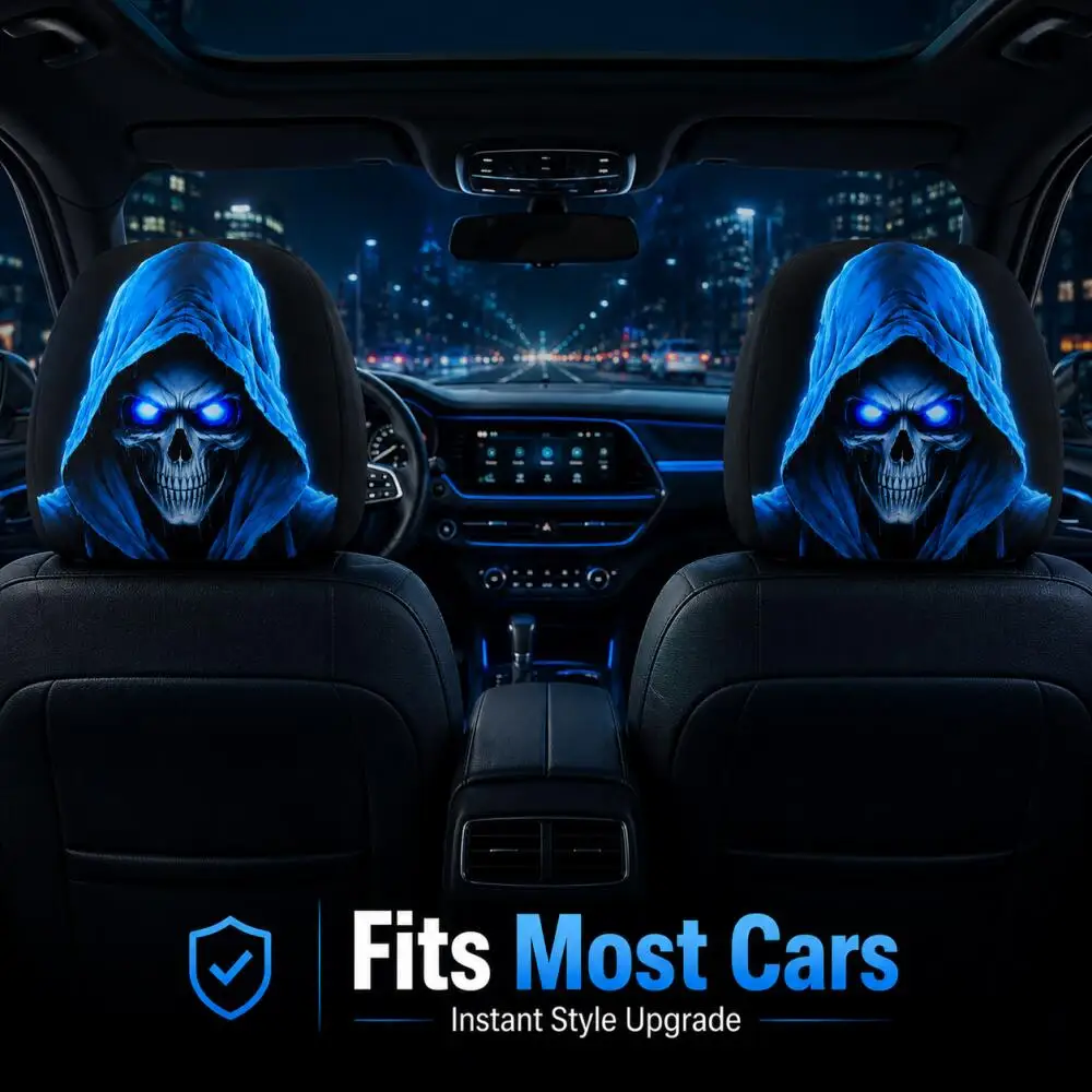 2 Stück Blau Leuchtende Totenkopf-Autokopfstützenbezüge, Horror-Sensenmann Universelle Elastische Auto-Kopfstützenschoner – Detail 2