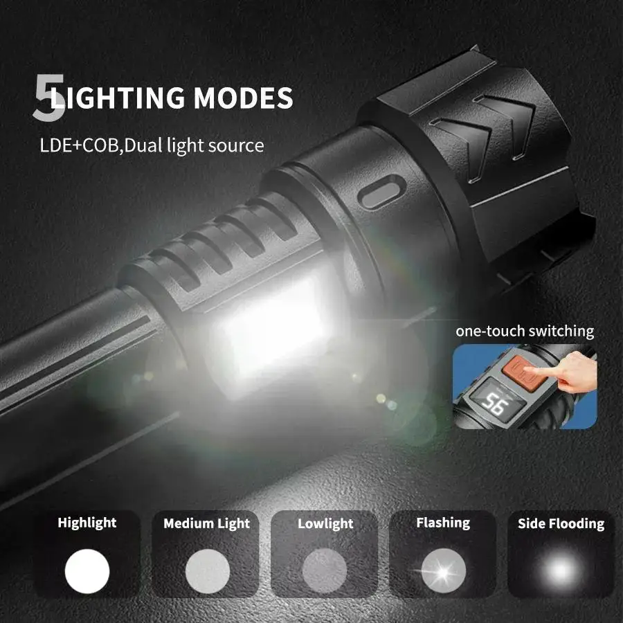 Imagem -03 - Potência Led Cob Lanterna Zoom Telescópico Tático Luz do Flash Poderoso Usb Recarregável Acampamento ao ar Livre Lanterna de Pesca d5 Alta