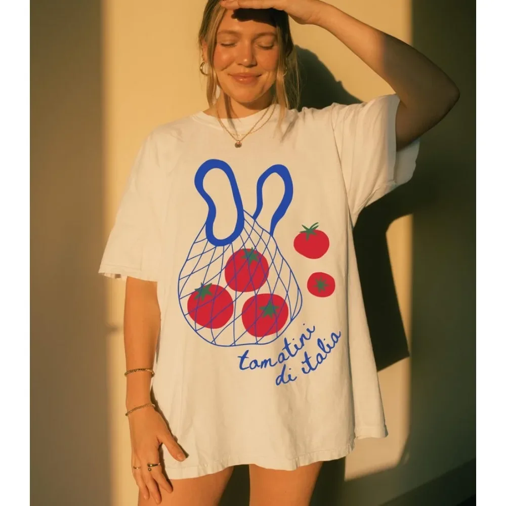

Italian Tomato Shirt Retro Farmers Market Cotton T-shirt Pomodoro Graphic Tee Summer Spain Tomato Girl Summer Aesthetic Tops