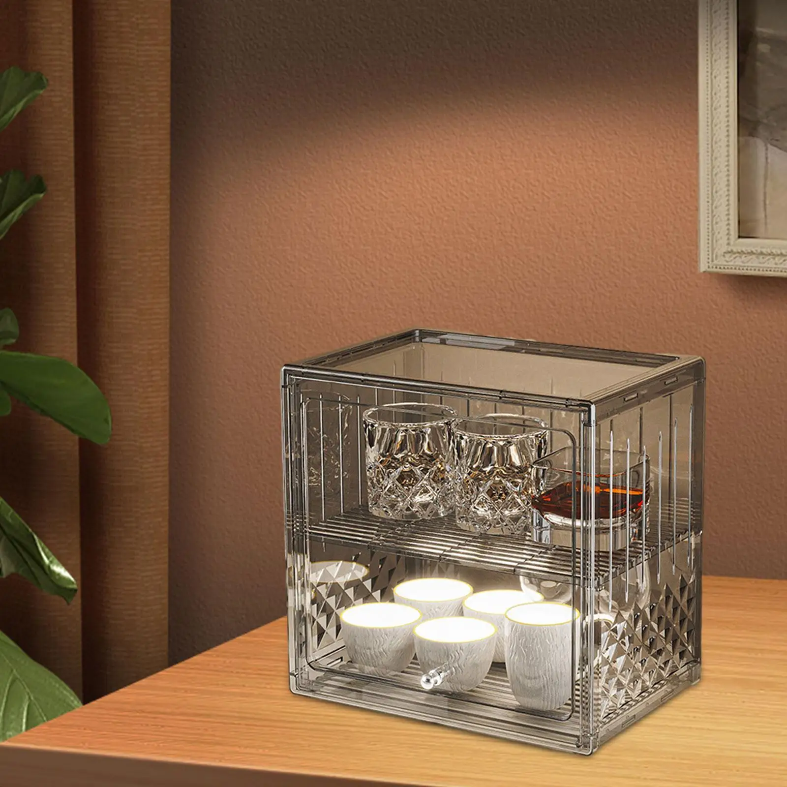 Storage Bin with Lid Double Layer Bread Box Large Capacity Glass Water Cup Holder for Household Restaurant Dinnerware Tea Cup