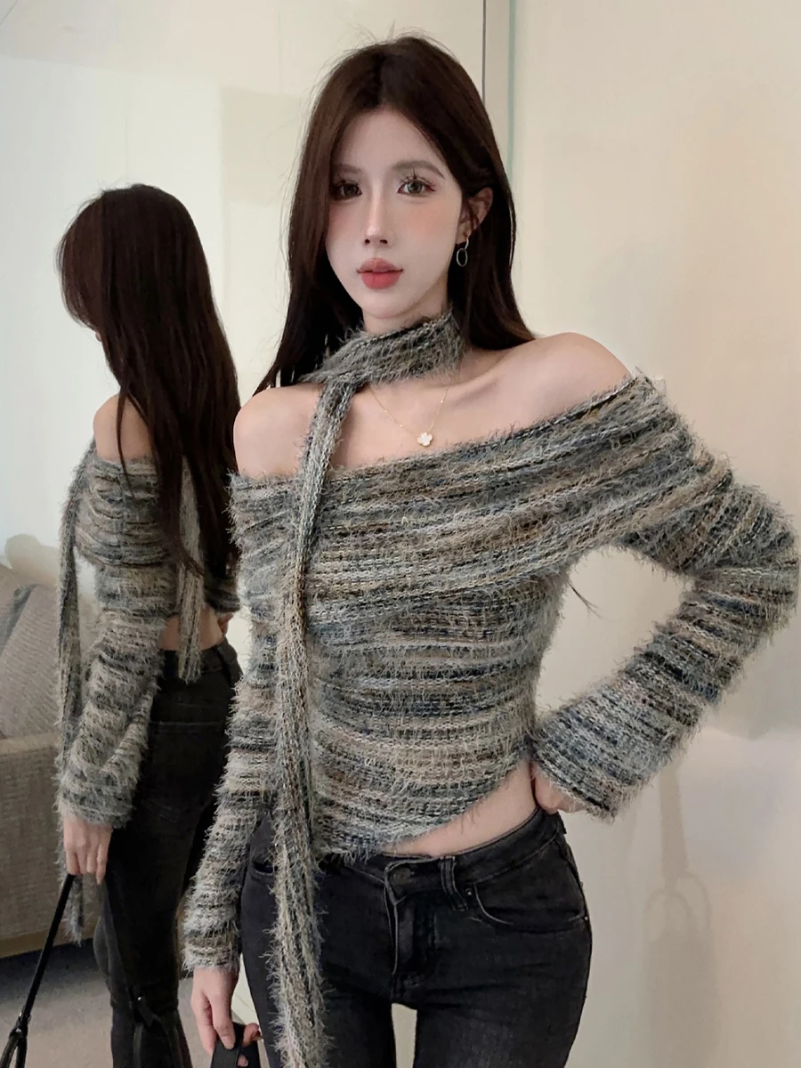 

Sweet And Sexy oulder Bared Long Sve Knitted Sweater with Sa Retro Sle Slim Fit ort Length Four Season Wool Blend