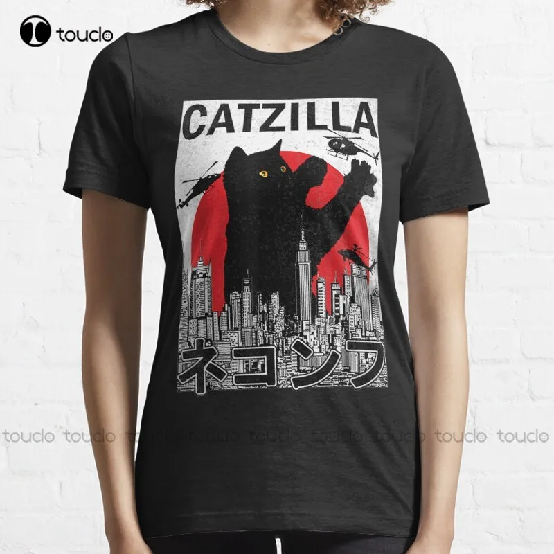 New Catzilla Japanese Vintage Sunset Style Cat Kitten Lover T-Shirt Cotton Tee Shirt S-5Xl Womens Hawaiian Shirt Custom Gift