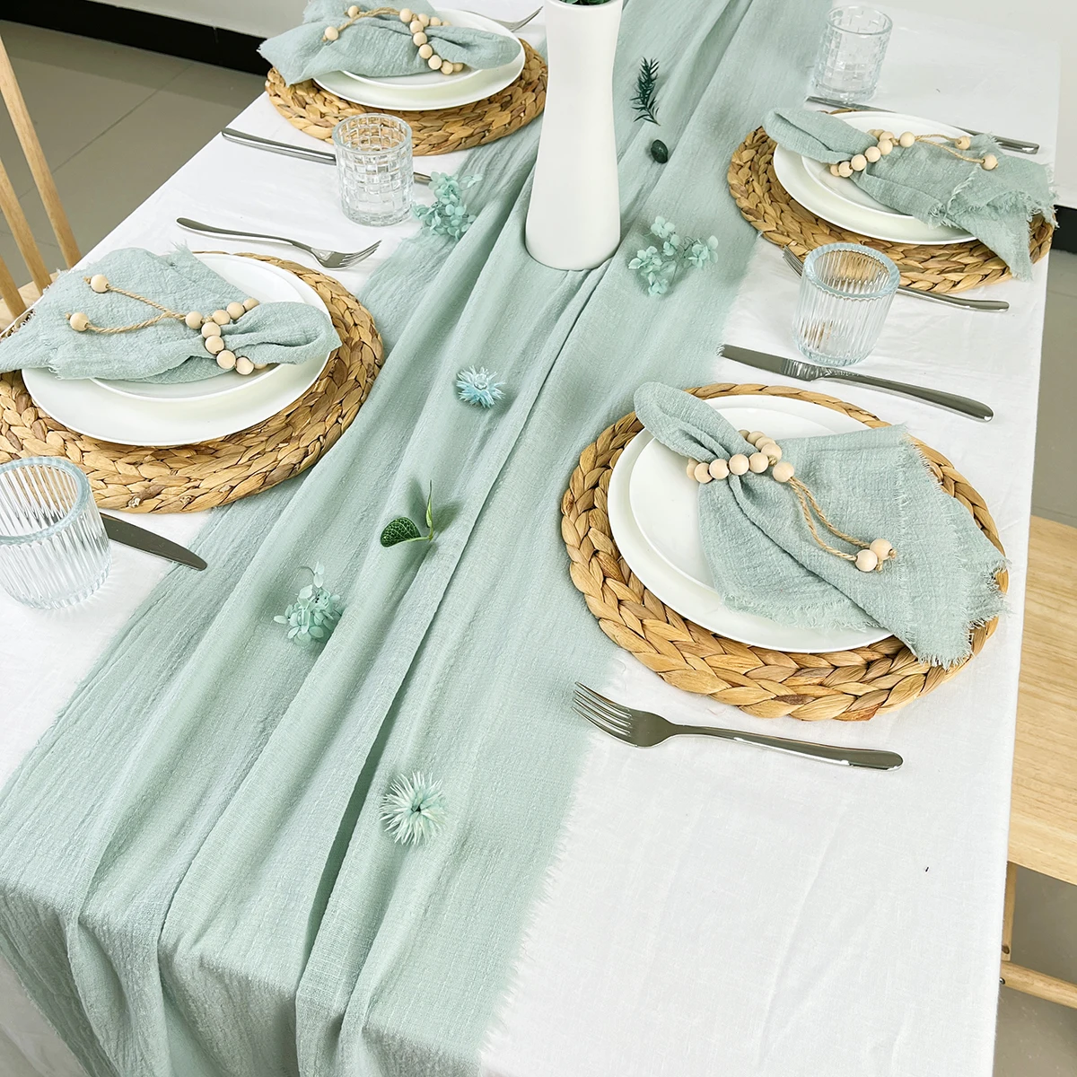 Retro Cotton Gauze Table Runner Sage Green Texture Dining Napkins Vintage Wedding Christmas Party Dining Table Decoration