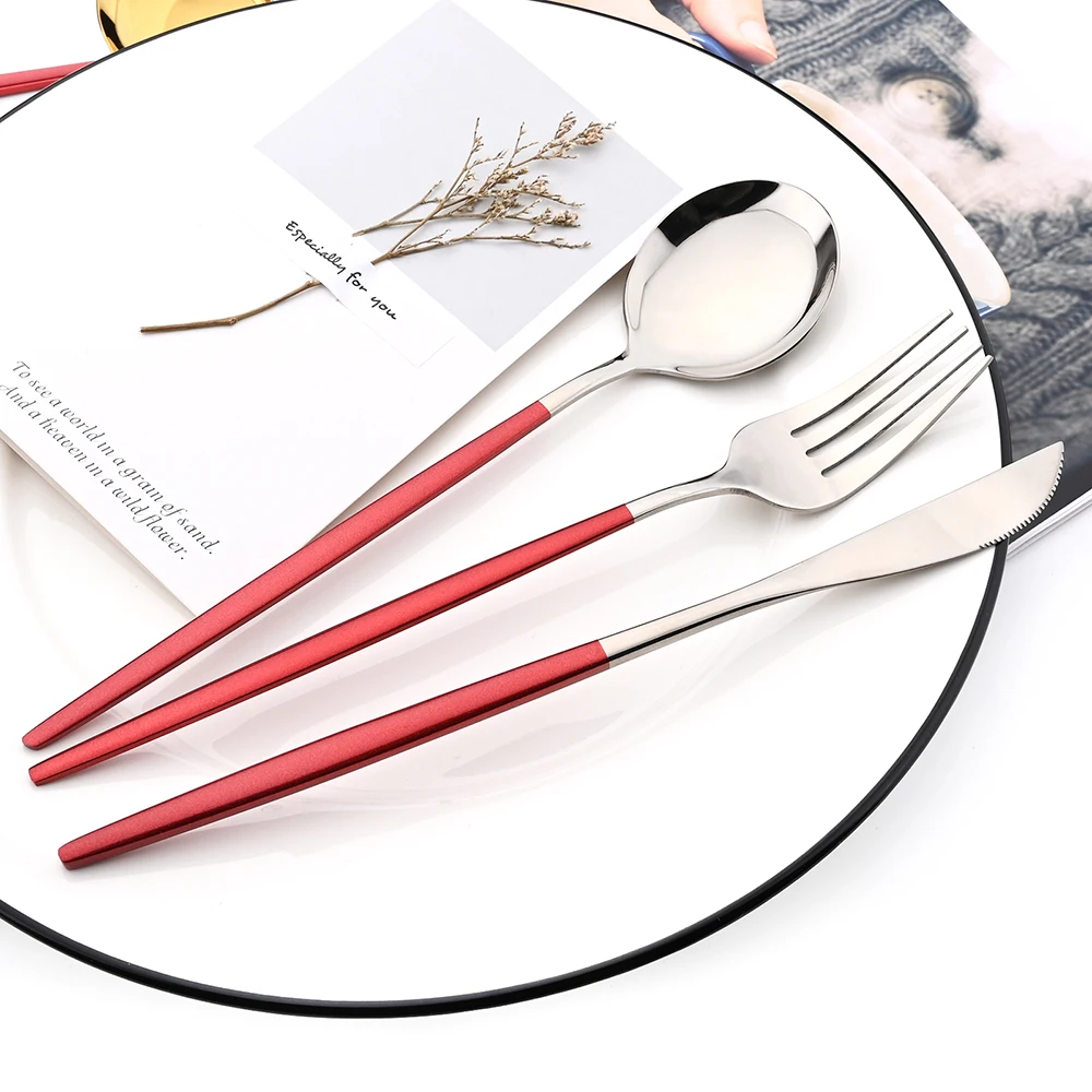 Drmfiy Red Silver Dinnerware Set Dessert Fork Knife Soup Ice Spoon Cutlery Set Stainless Steel Western Flatware Silverware Set