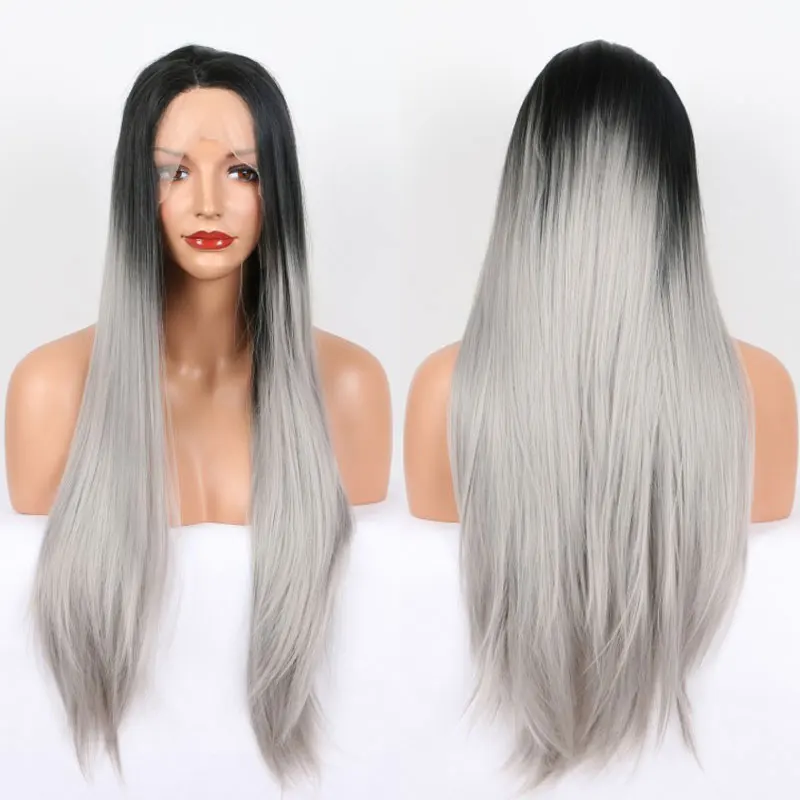 Hitam Ombre abu-abu lurus sintetis 13X4 renda depan wig kualitas tinggi tahan panas serat rambut belahan Tengah untuk mode wanita