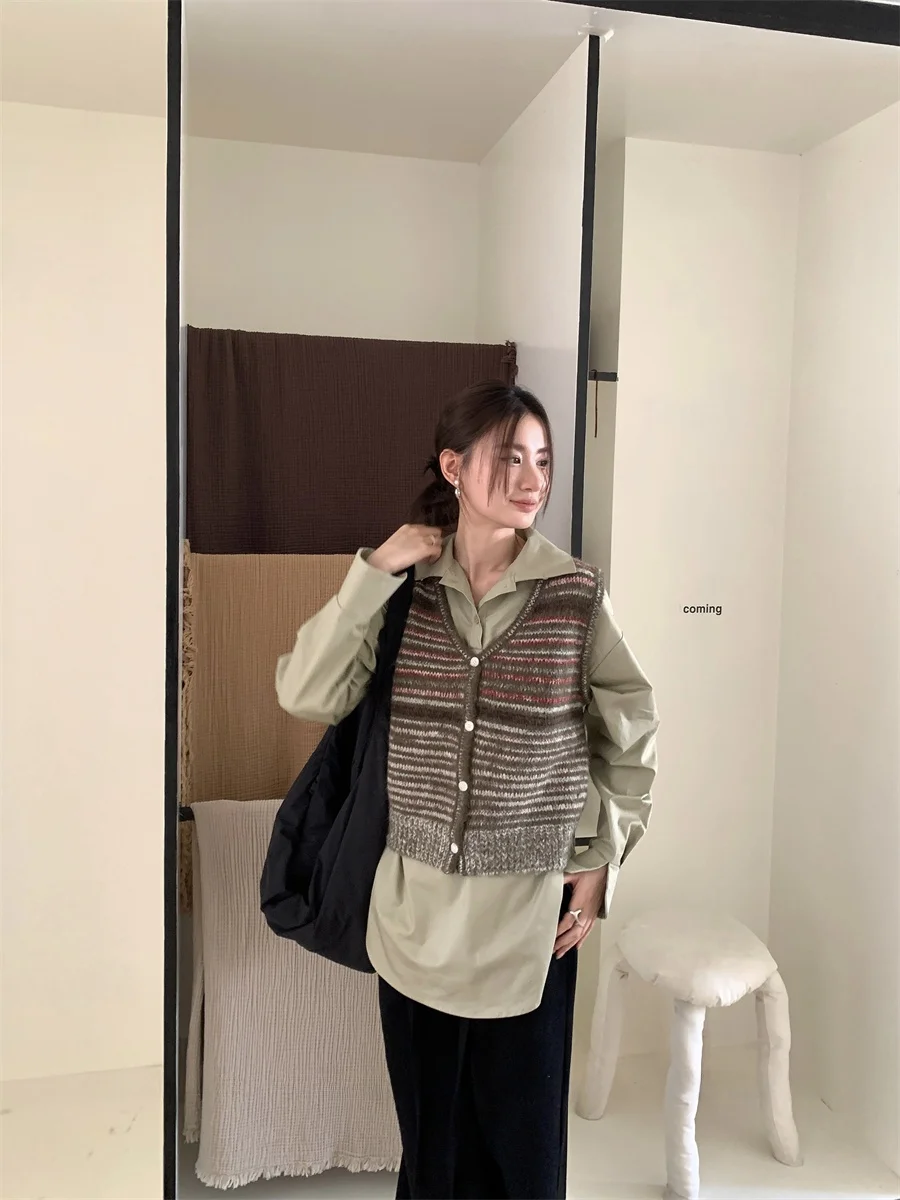 

Best U Design ort Knitted Vest Women's Faion Stripe Color Blo Autumn Winter New Sle Versatile V Ne Single Button