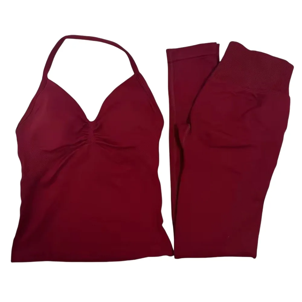 

Ladies Gym Training Leggings and Neck Tank Yoga Fitness Seamless Pilates Clothing Workout Sportswear 2-Piece Yoga Set