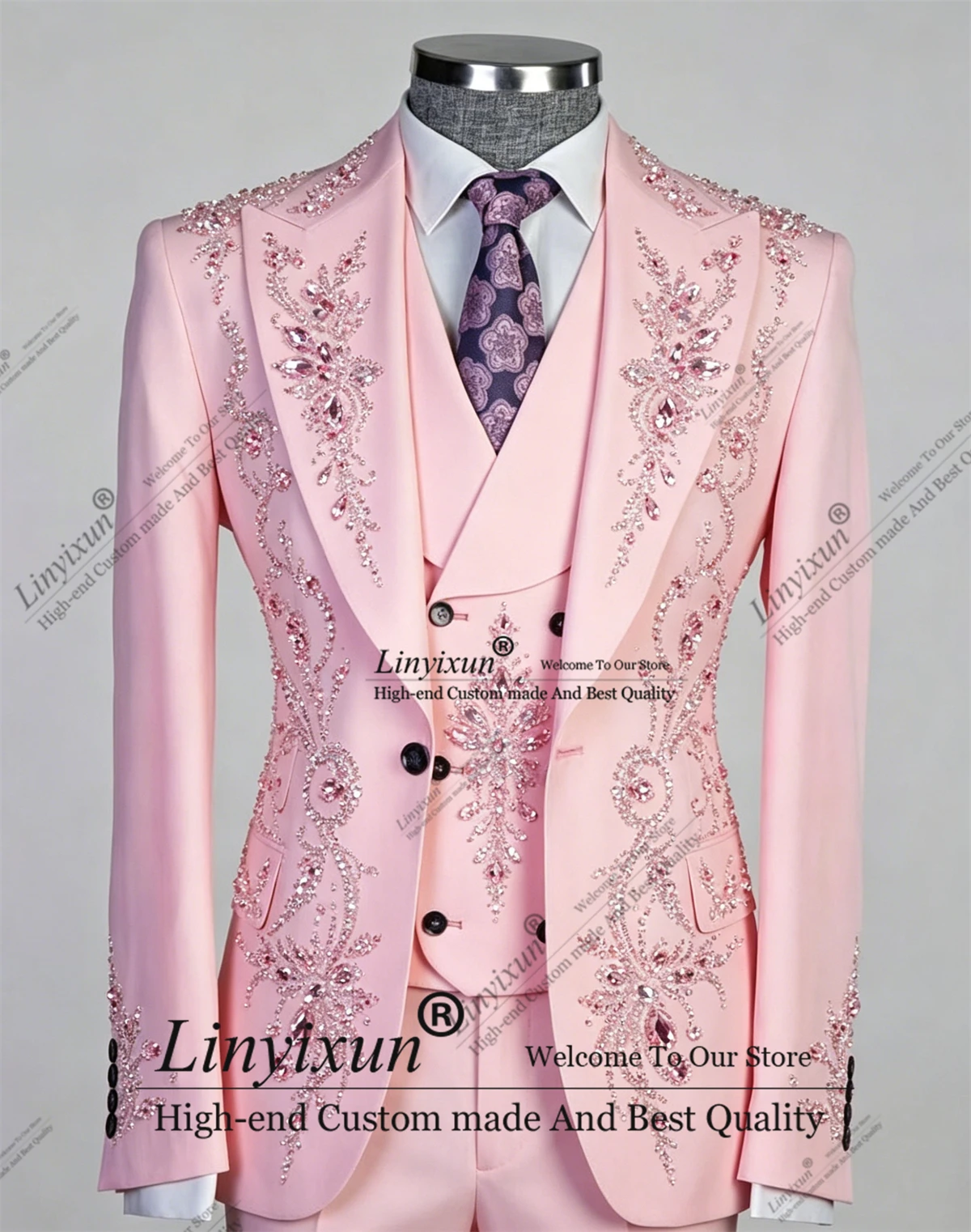

Design version Sparkling Rhinestone Crystal Suit Set 3Pieces For Men Slim Fit Peaked Lapel Suits Wedding Groom pantalones hombre