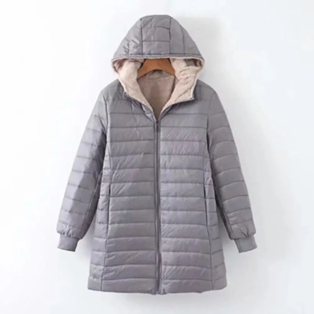 Winter Down Coat Thickened Padded Plush Hood Mid Length Full Zipper Windproof Long Sleeves Pockets Warm Outwear Cotton Jacket