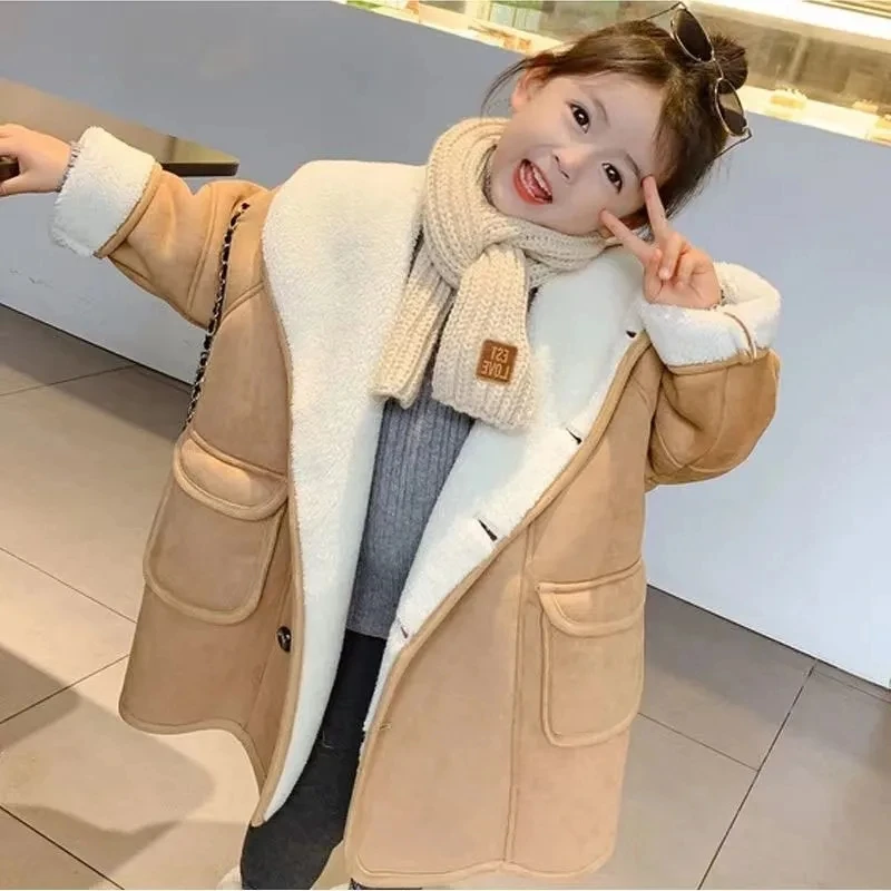 Winter Kids Thick Faux Leather Jacket Coat for Boys Girls Khaki Hooded Long Warm Overcoat Toddler Children Velvet Outerwear Coat