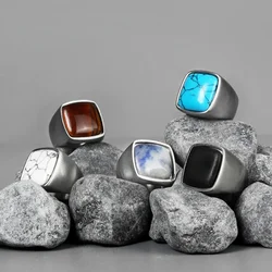 Vintage Antique Natural Stone Ring Gift Blue Turquoises Tiger Eye Finger Ring Viking Norse Mythology Party Engagement Jewelry