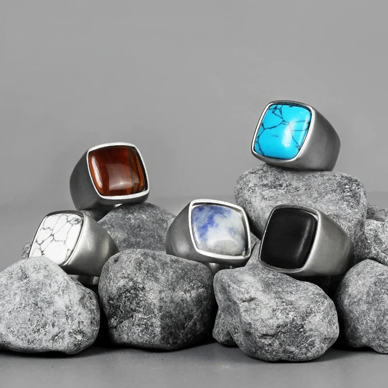 Vintage Antique Natural Stone Ring Gift Blue Turquoises Tiger Eye Finger Ring Viking Norse Mythology Party Engagement Jewelry