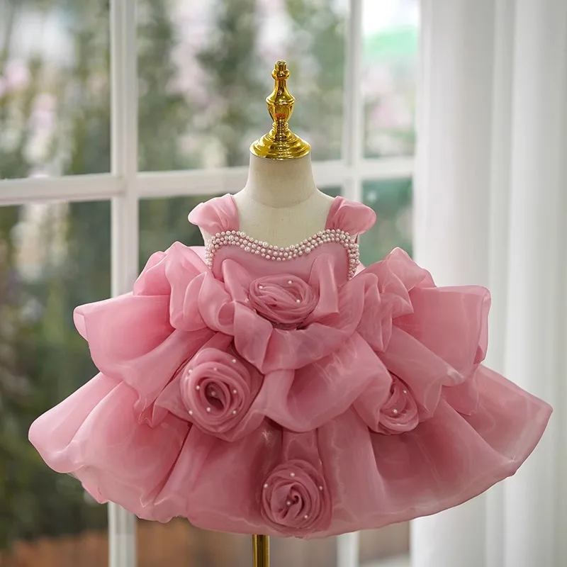 2024 New Girl's Pearl Flower Princess Dress 1-12 Year Old Fashion Bow Cake Dress Birthday Party Host High end Performance Dress