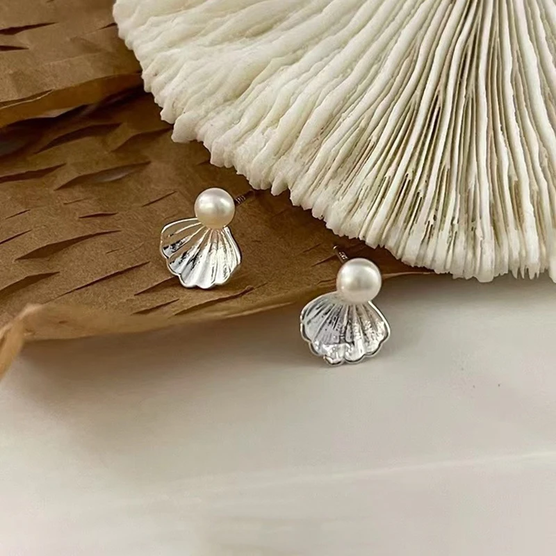 Real 925 Sterling Silver Pearl Shell Stud Earrings For Women Cute Animal Fine Jewelry Light Luxury Accessories In Summer