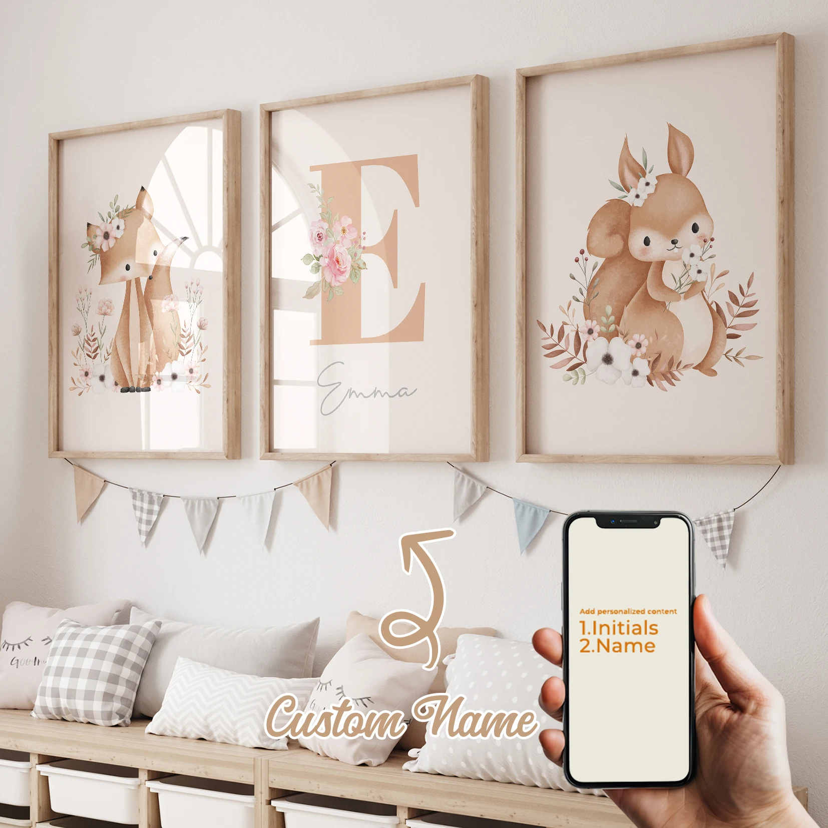 3 Stück personalisierte, individuelle Cartoon-Fuchs-Wandkunstdrucke, Leinwandposter, Gemälde für Wohnzimmer, Heimdekoration