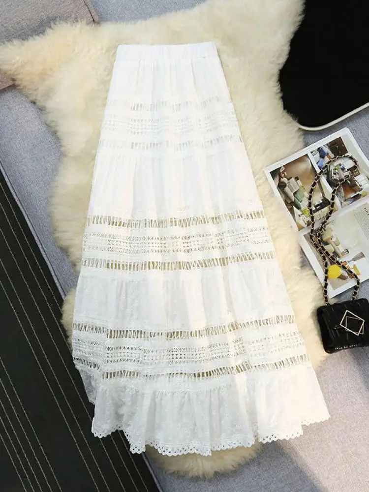 

2024 Vintage Women White Elastic High Waist Hollow Out A-line Half Short Skirt Spring Summer Elegant Slim Versatile Fairy Skirts