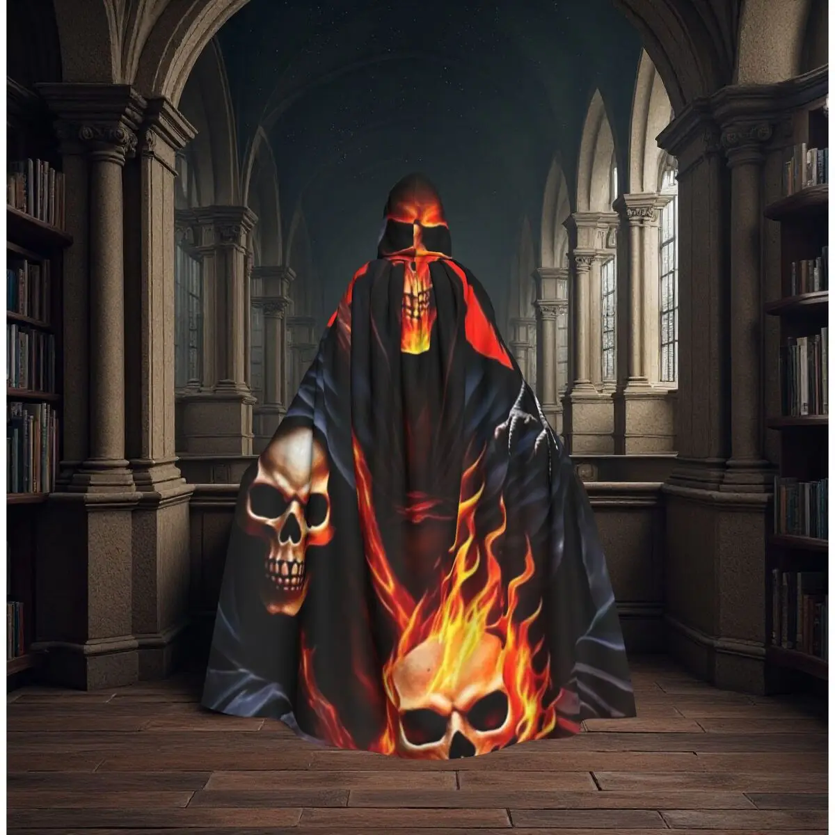

Grim Reaper Fire Skull Emblem Long Hooded Cloak Witch Medieval Costume Cosplay Cape HalloweenCoat Adult Unisex