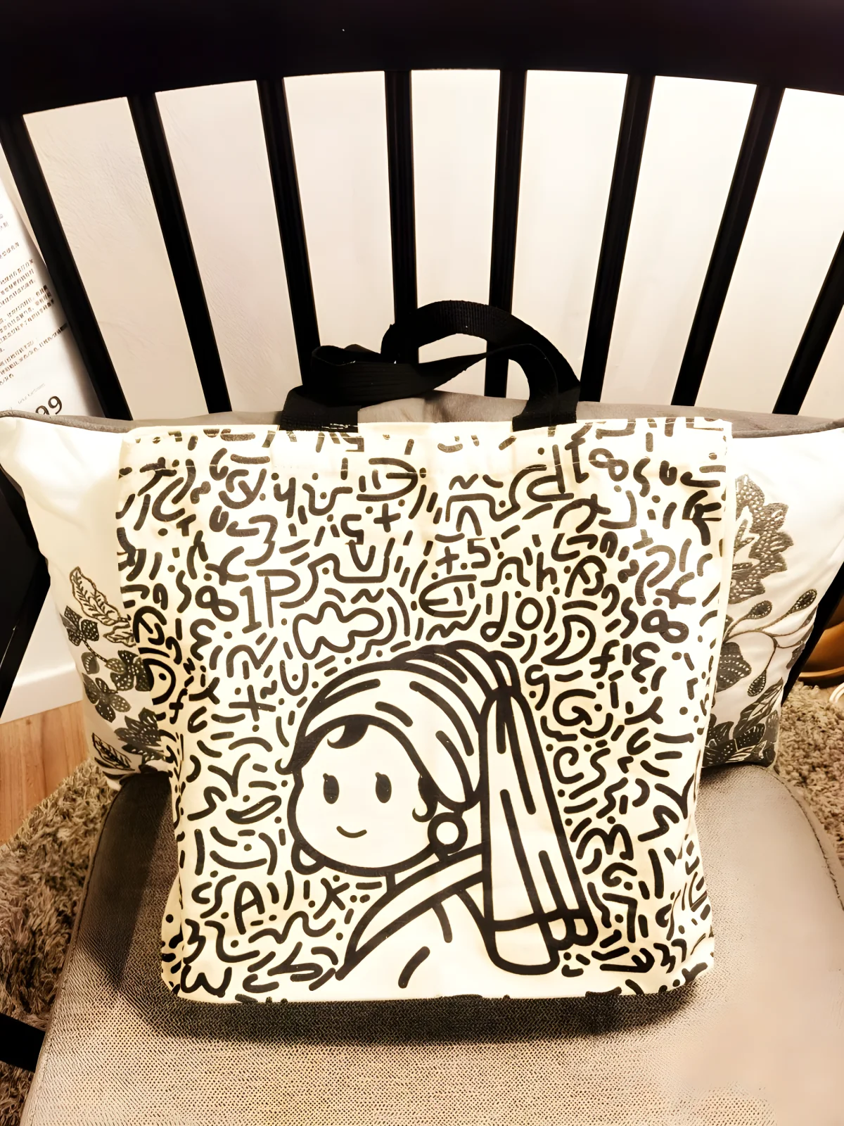 Korean version of ins canvas bag black and white Hyun-A fashionable all-match one-shoulder leaf life museum