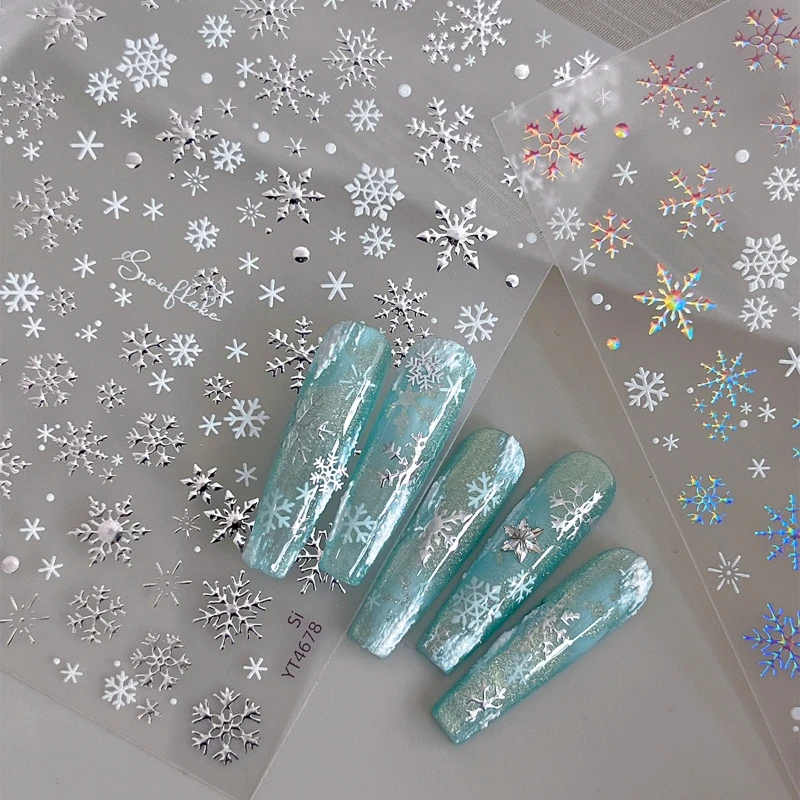 Autocollant de noël pour Nail Art, 1 pièce, avec feuille d'or/argent, flocons de neige, support adhésif scintillant irisé, décoration d'ongles 3D à faire soi-même